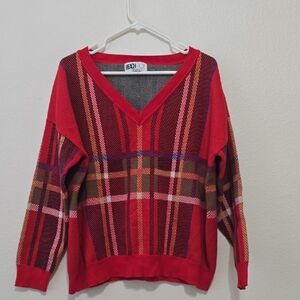 BEACH RIOT JOE Red Plaid V-Neck Sweater M